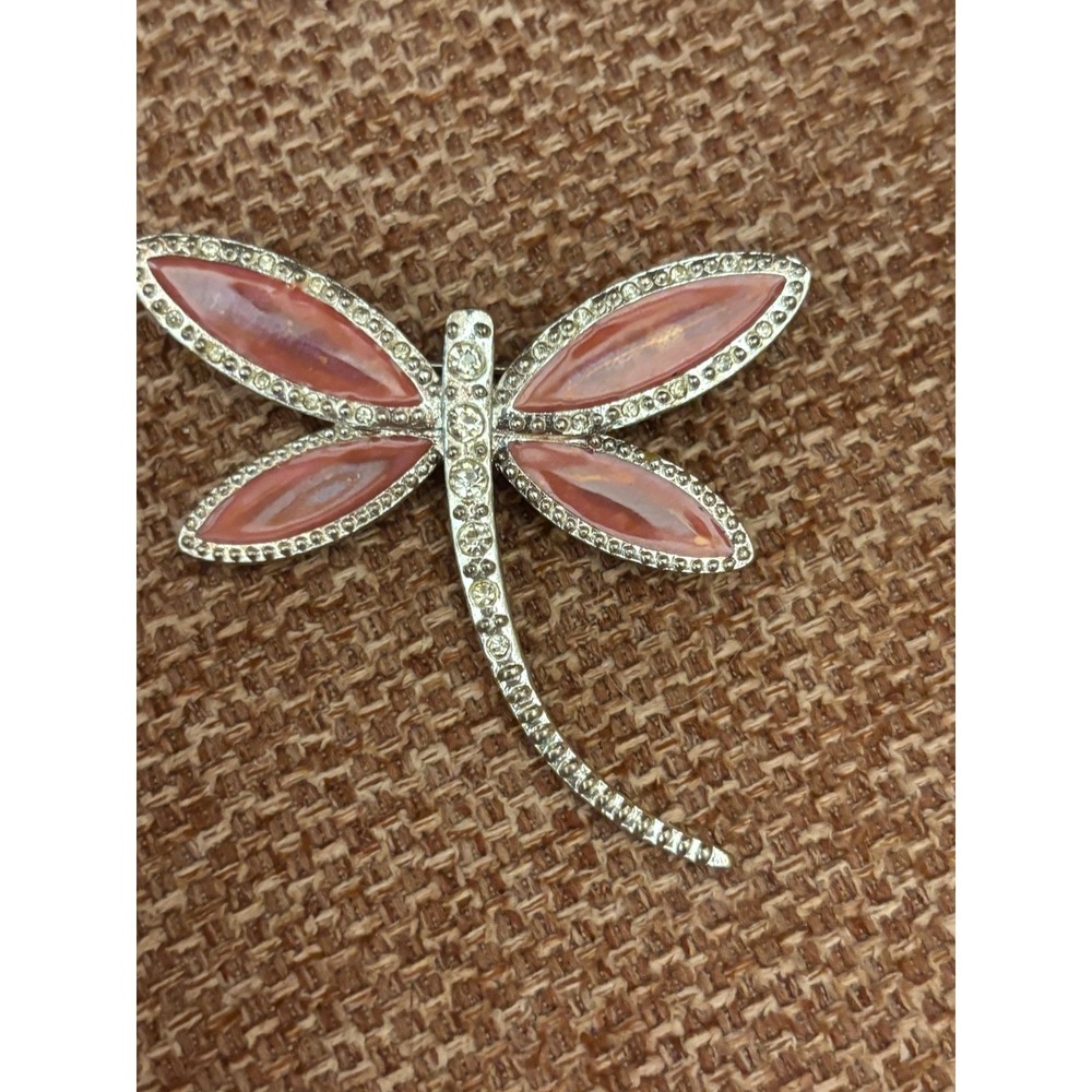 Avon Pink Enamel Rhinestone Dragonfly Brooch Silver Tone Nature Pin - Picture 2 of 4